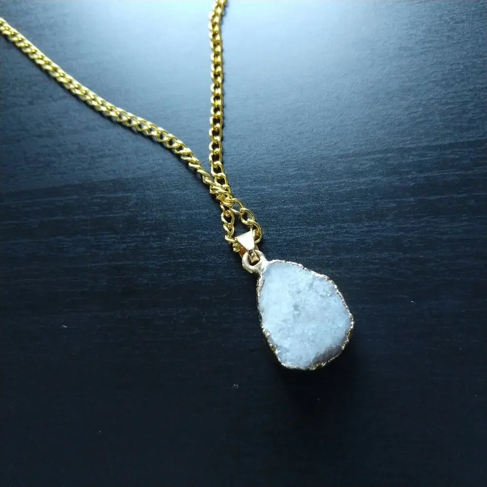 White Druzy Garnet Gold Pendant Necklace natural stone fashion jewelry matinee